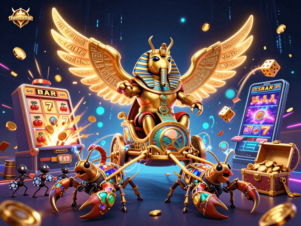 Experience thomayman with thrilling jackpot actions amidst vibrant casino elements in this 3D illustration.