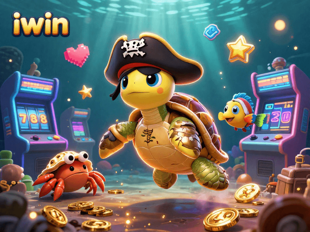Join the iwin adventure with pirate turtle and friends above the slot reels treasure.