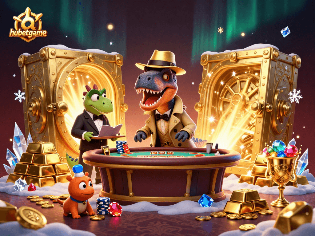 Experience the thrilling world of hubetgame with a cartoon velociraptor card counter at a bustling blackjack table.