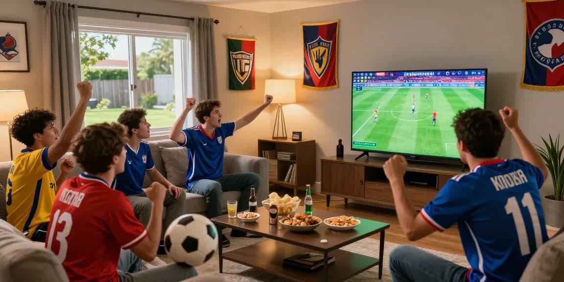 Excited fans enjoying a live koora match together in a cozy living room.