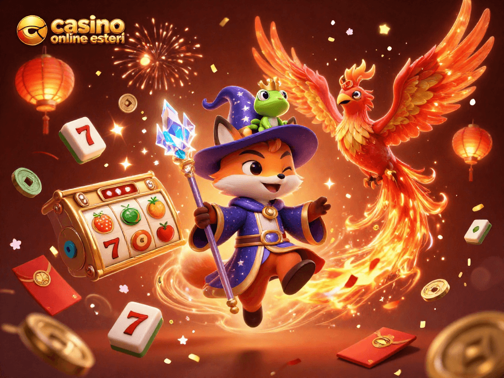 Gioca ai casino online esteri con un'illustrazione fantastica di un mago volpino e una fenice, circondati da simboli di slot e monete d'oro.