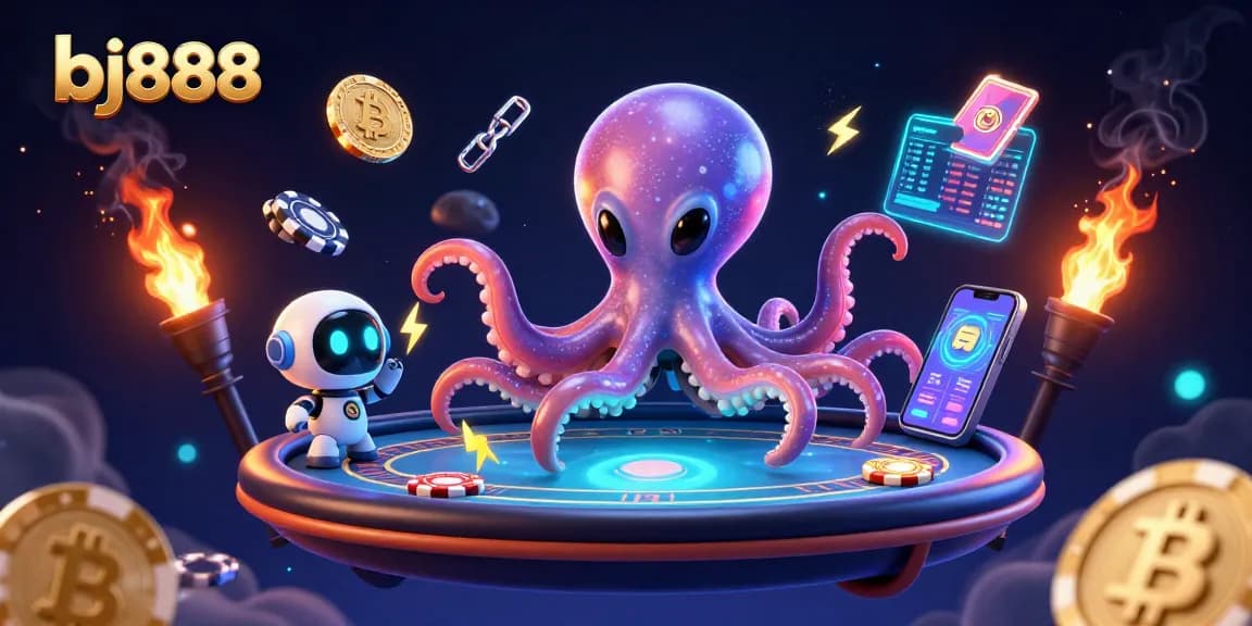 Engage with bj888's gaming universe as a cosmic octopus plays poker in outer space.