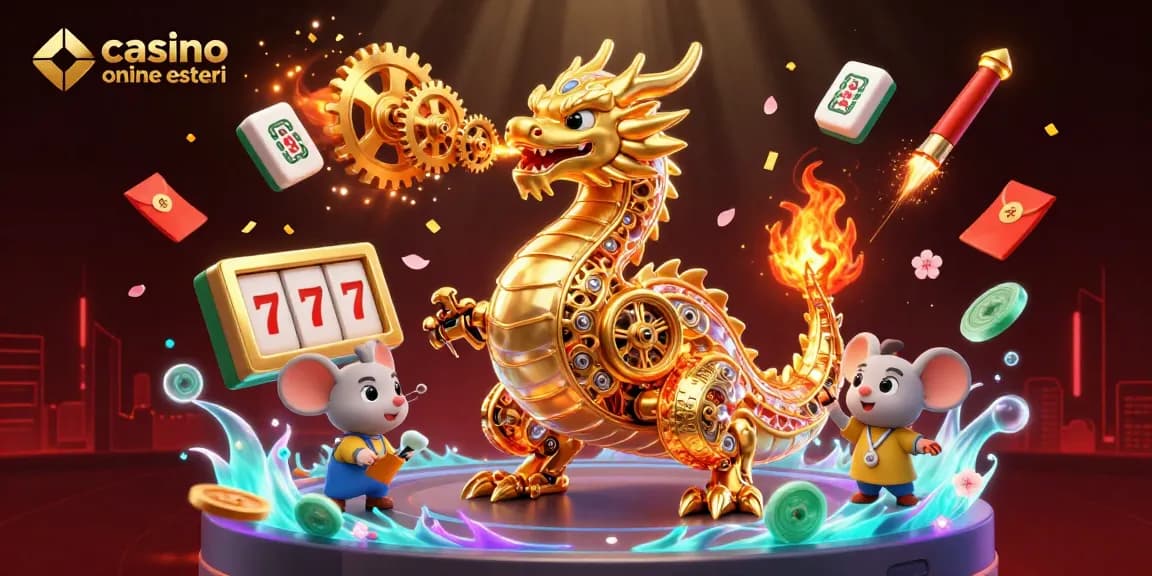 Giocare in un casino online esteri con un drago dorato e giochi di slot vibranti.
