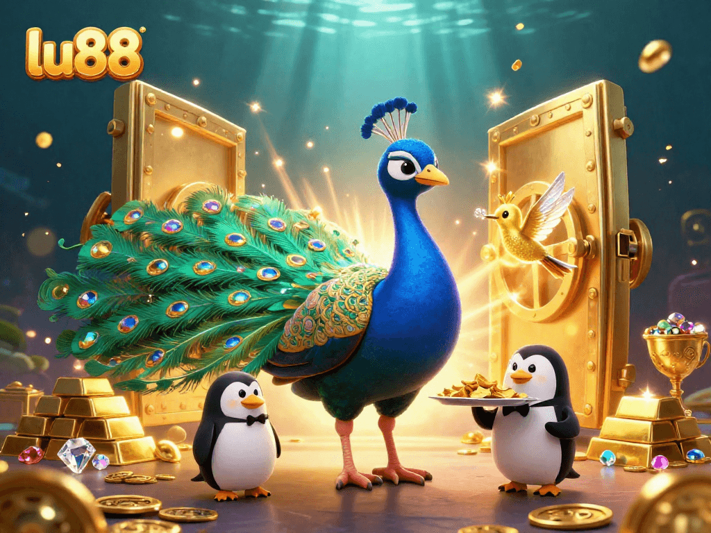 Experience excitement at lu88 with luxurious gaming elements and vibrant cartoon characters in this captivating casino scene.