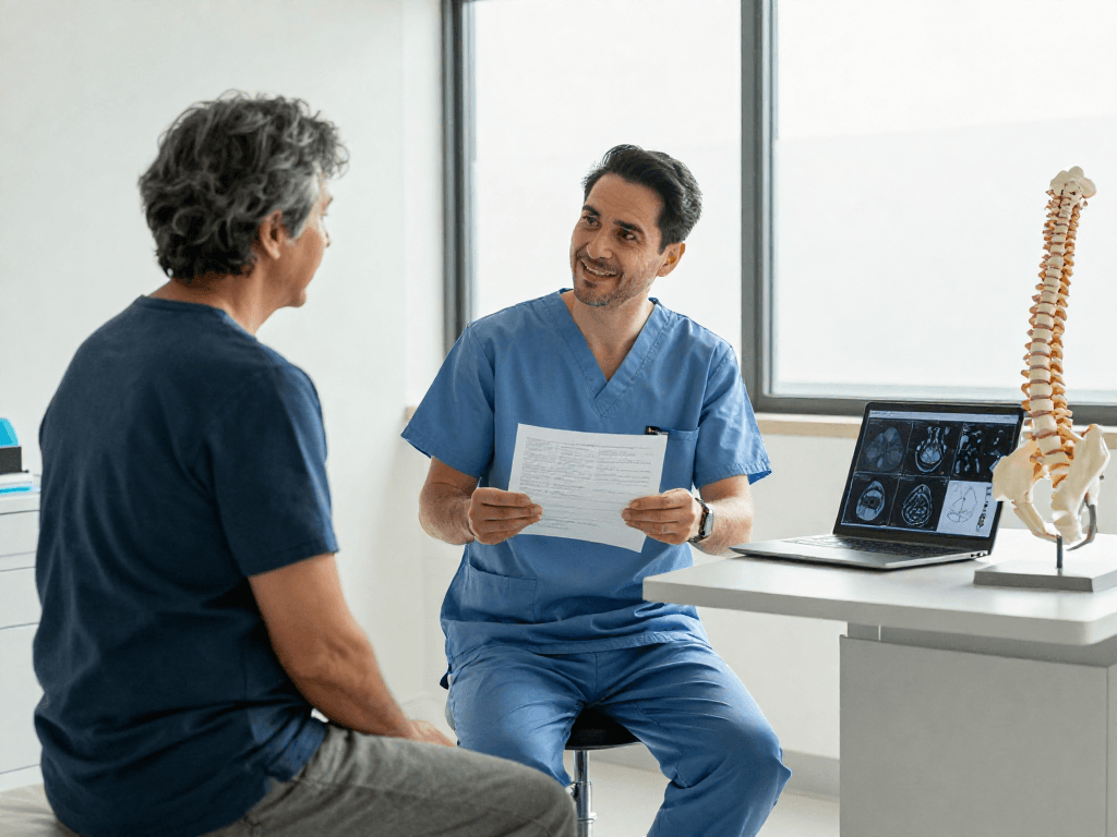 Dar kanal ameliyatı options discussed by surgeon with patient in a warm healthcare setting