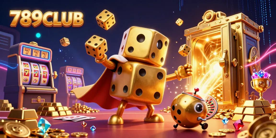 Experience thrilling games at 789CLUB with golden dice, slots, and jackpot treasures in this vibrant casino scene.