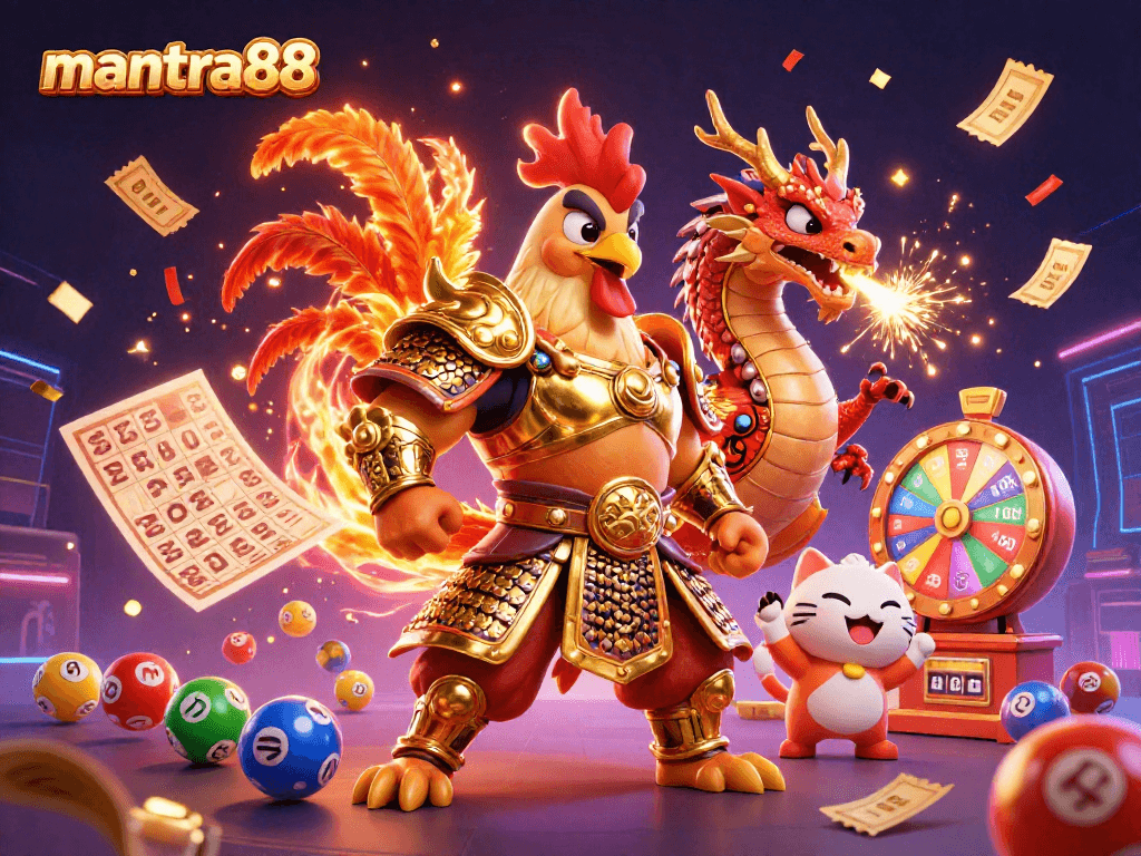 Experience thrilling wins with mantra88's vibrant gaming scene featuring a warrior rooster and dragon.