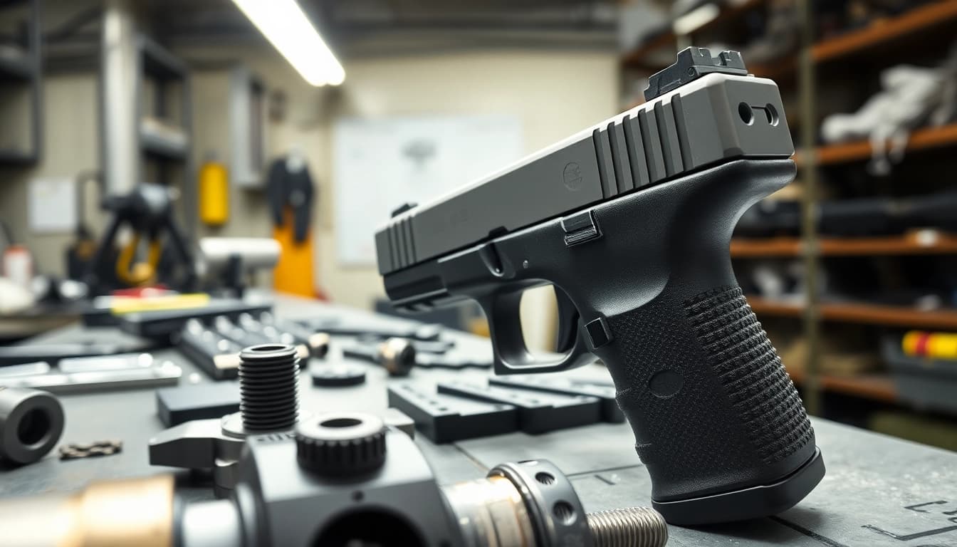 Showcase a Glock 43 slide mos with precision details in a machining workshop.