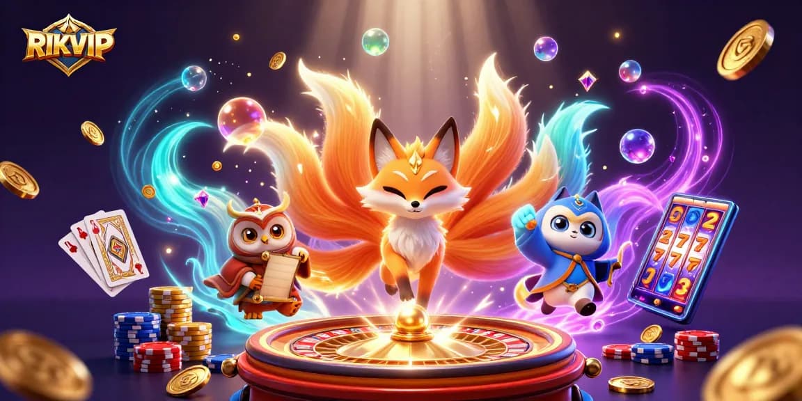Experience the excitement of RIKVIP with dynamic casino elements and magical characters in this vibrant illustration.