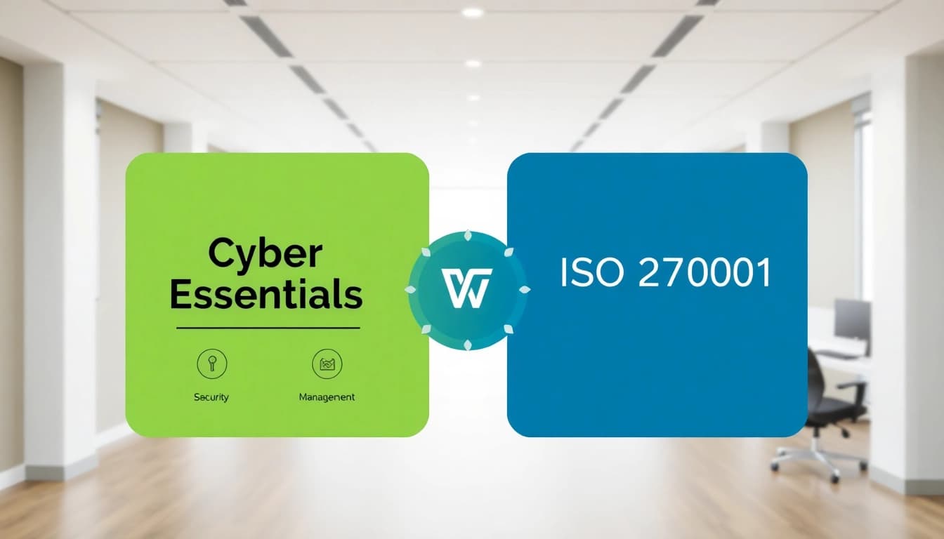 Compare cyber essentials vs iso 27001 through a professional diagram showcasing their differences.