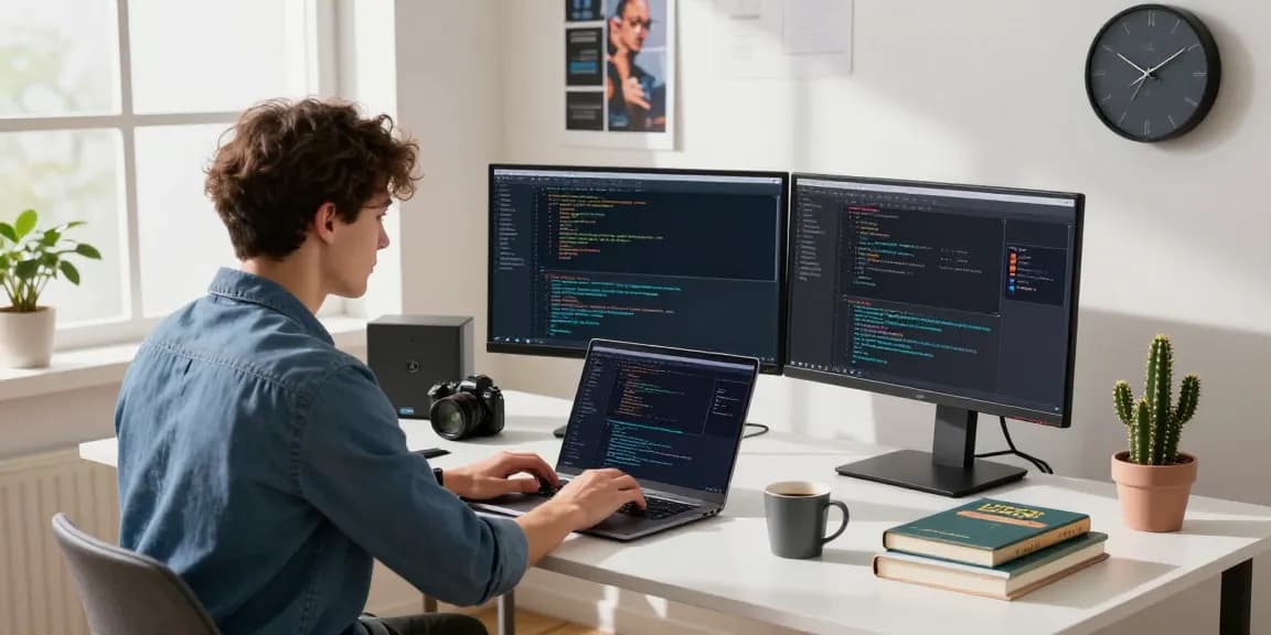 A software engineer at https://www.bdtjl.app/ coding in a modern workspace with high-tech monitors and accessories.