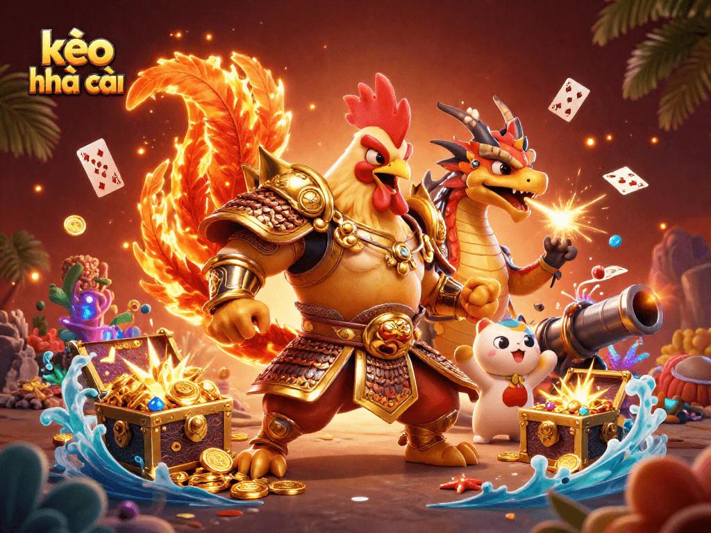 Engaging illustration of kèo nhà cái featuring a samurai rooster and dragon in a vibrant casino scene.