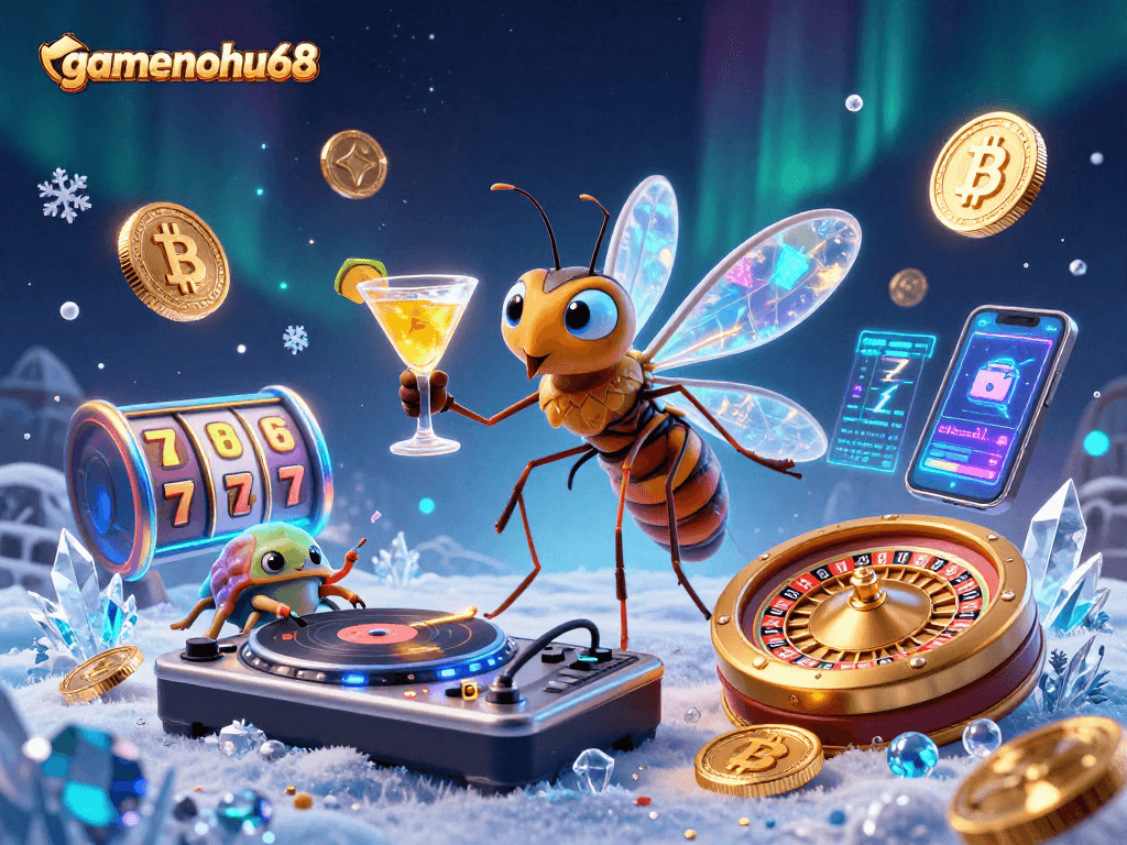 Experience the vibrant world of gamenohu68 with a delightful 3D casino scene featuring unique characters and crypto elements.