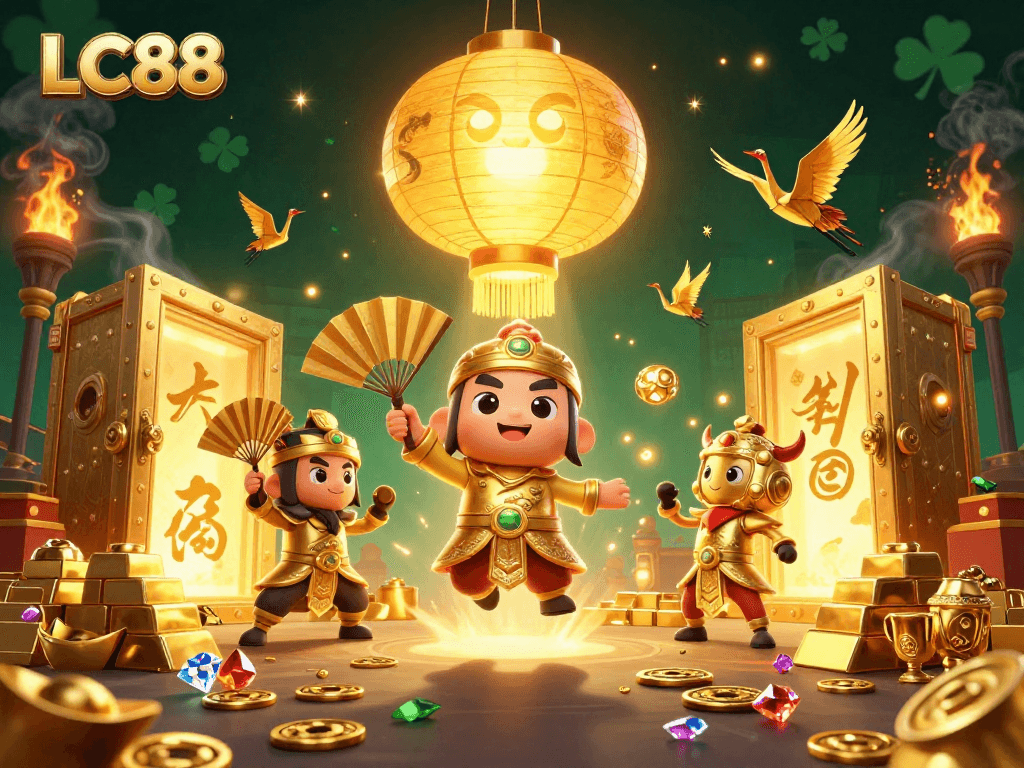 LC88 online gaming promotions featuring vibrant 3D characters and treasure elements.