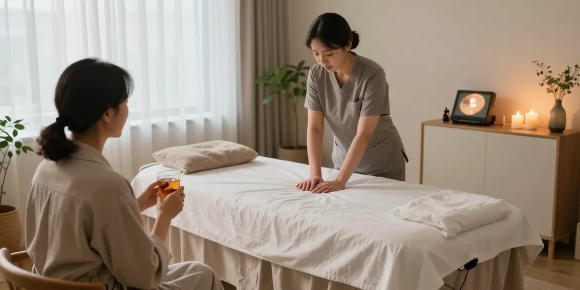 남양주출장마사지 service setup in a calming home environment with a therapist preparing the space.