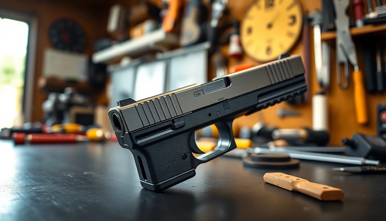 Showcase of a glock 19 slide in a detailed workshop environment with tools.