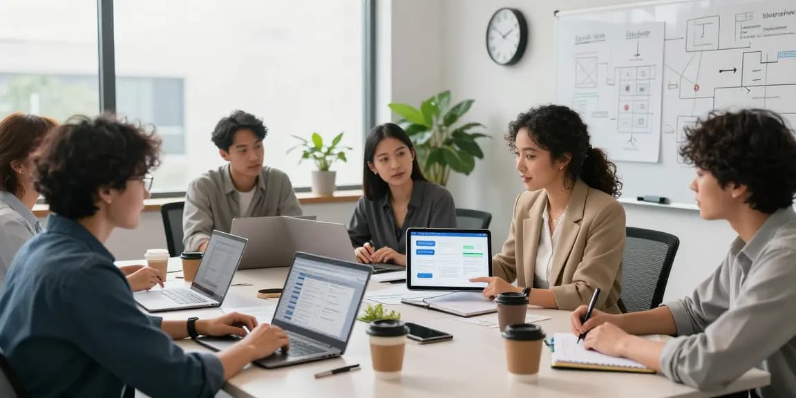 Team collaboration in a modern office building tools with AI, showcasing discussions and planning sessions.