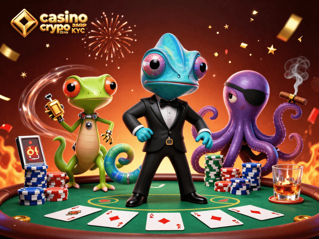 Jouer au casino crypto sans KYC en toute fluidité avec des personnages de casino et éléments de jeu de cartes.