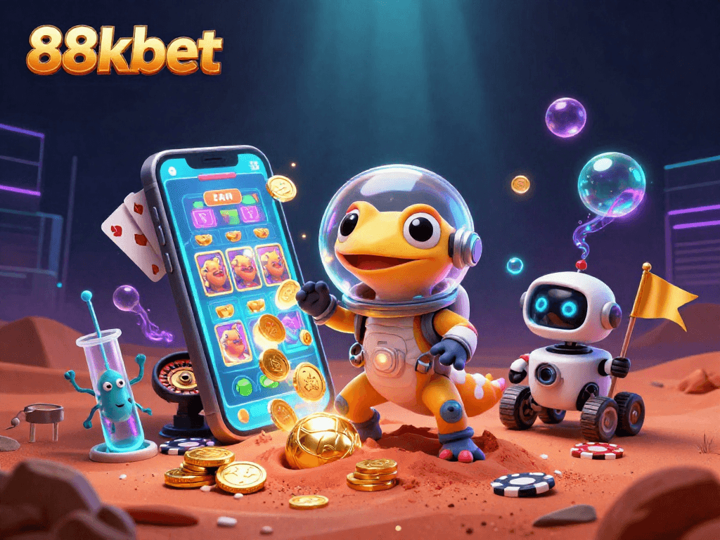 Engage in thrilling gaming action at 88kbet with vibrant 3D Martian gecko and casino elements.
