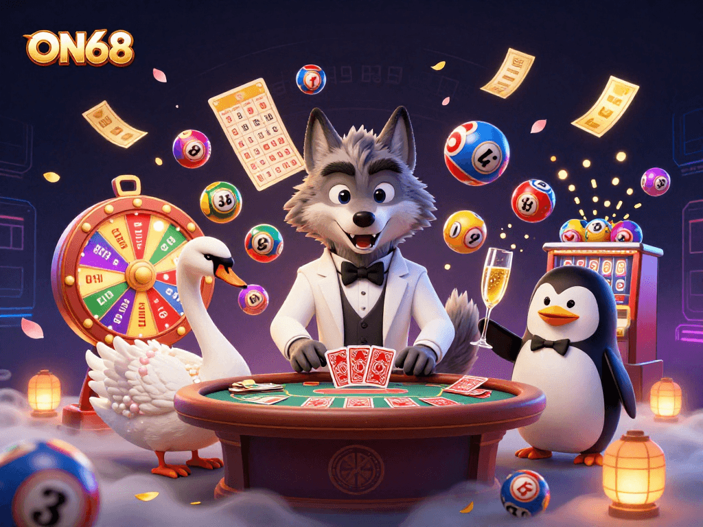 Engage in thrilling baccarat games with ON68's elegant wolf, swan dealer, and penguin sommelier.