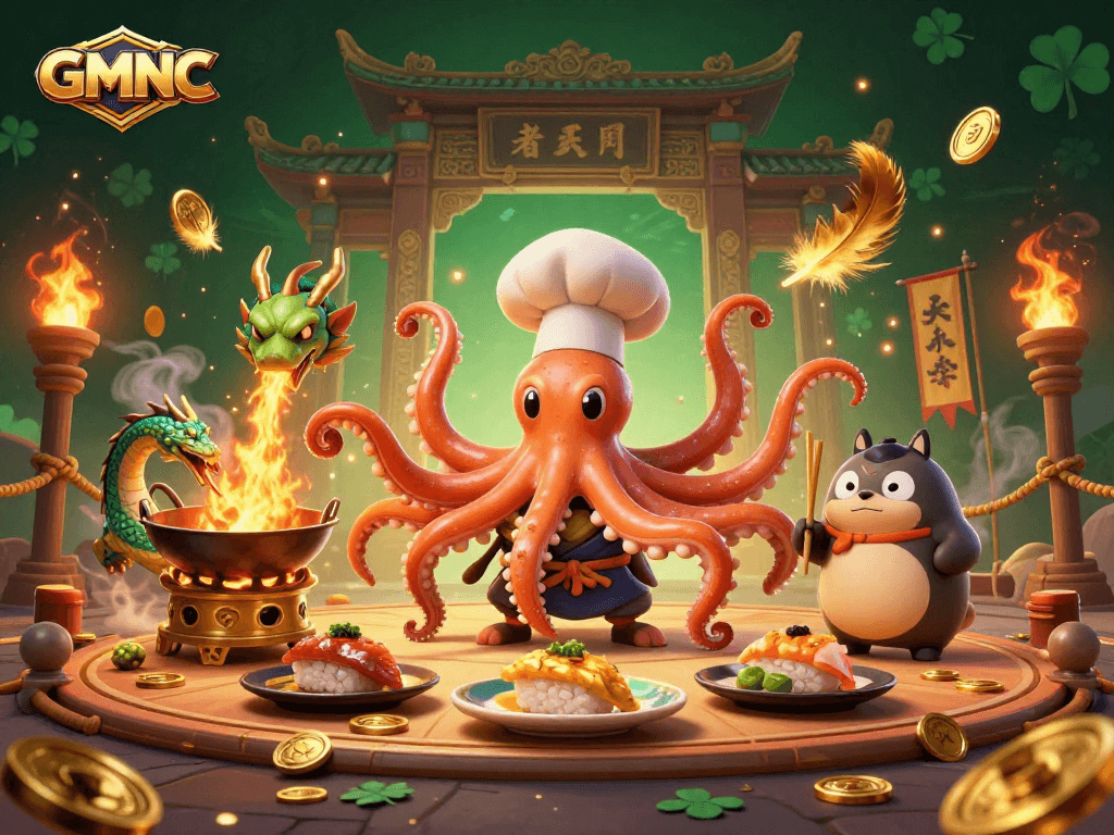 Engage with GMNC's fun 3D casino scene featuring a culinary octopus, dragon, and tanuki.