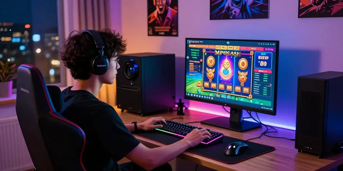 Engaging online gaming setup depicting MPOCASH slot games with vibrant graphics and gaming accessories in a modern workspace.