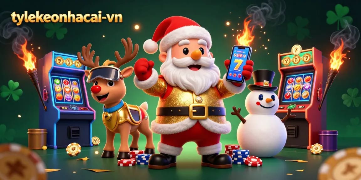 Spin the reels with tylekeonhacai-vn's festive characters in a vibrant casino scene.