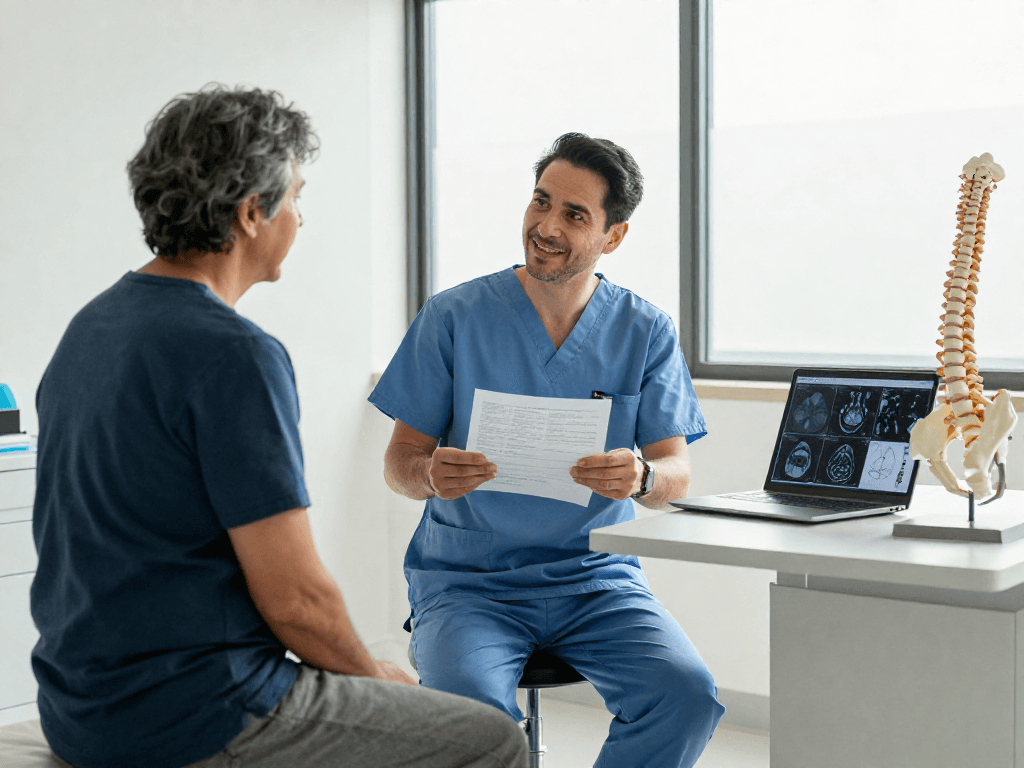 Dar kanal ameliyatı options discussed by surgeon with patient in a warm healthcare setting
