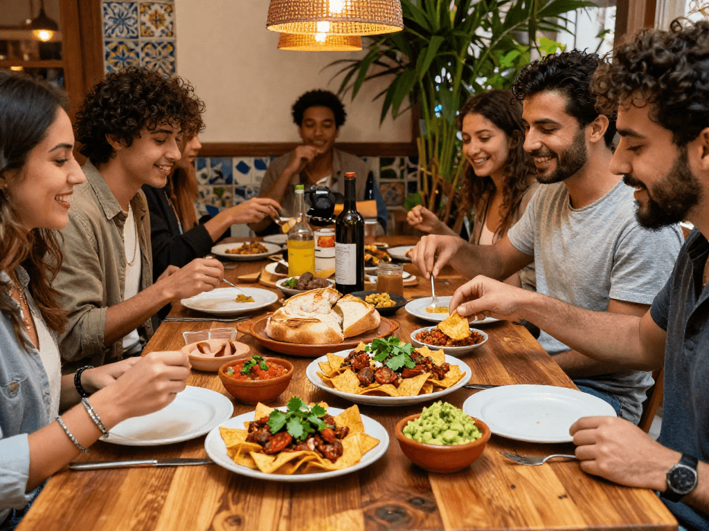 Delicious best tapas tortilla chips con chorizo shared among friends at a vibrant restaurant, highlighting fresh ingredients and joyful atmosphere.