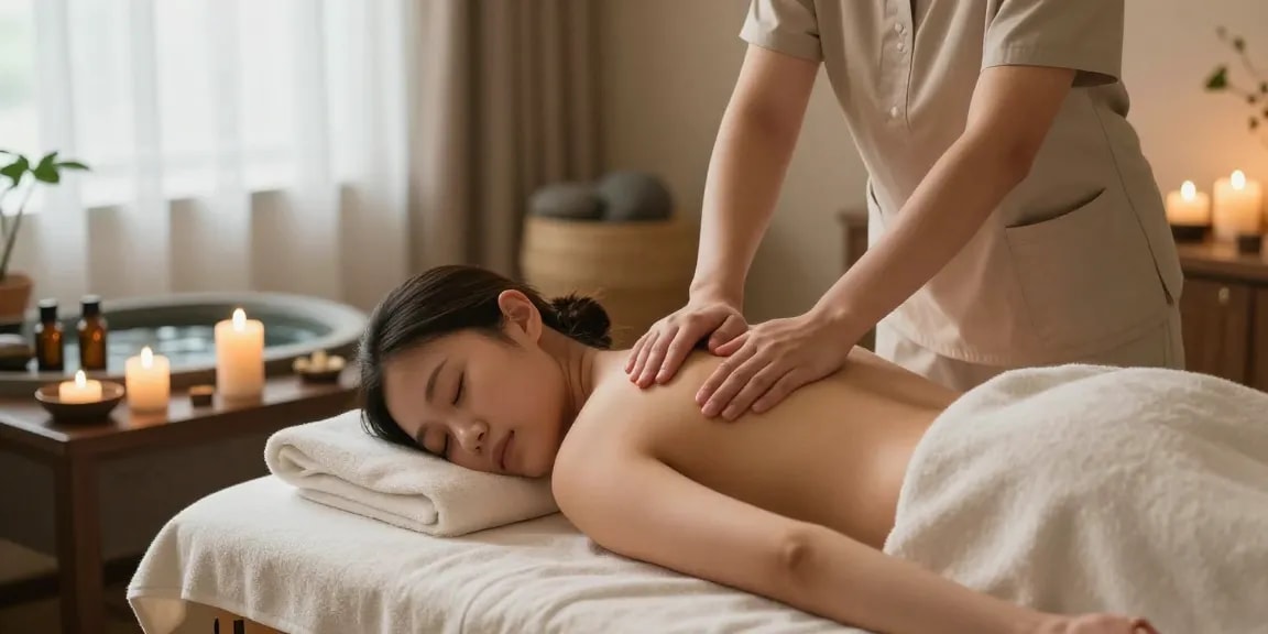스웨디시 마사지 중인 모습, 편안한 스파 환경에서 치료사가 고객을 부드럽게 마사지하고 있습니다.