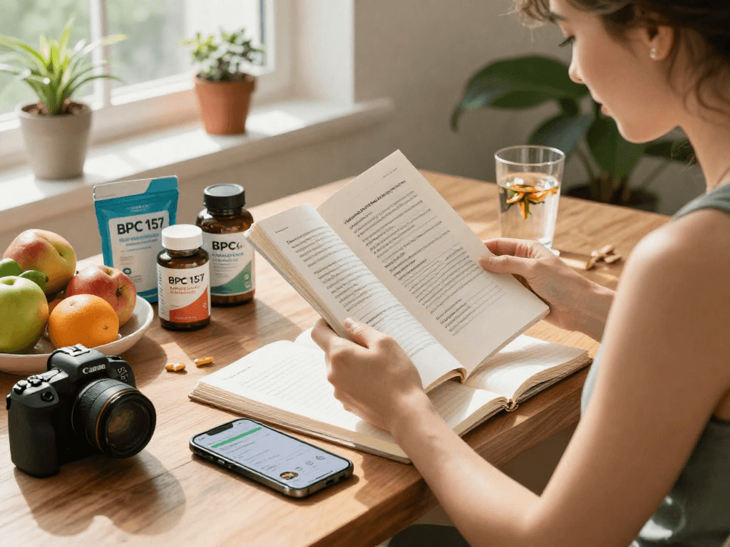 BPC 157 side effects explored in a serene health and wellness setting with supplements, greenery, and focused individual.