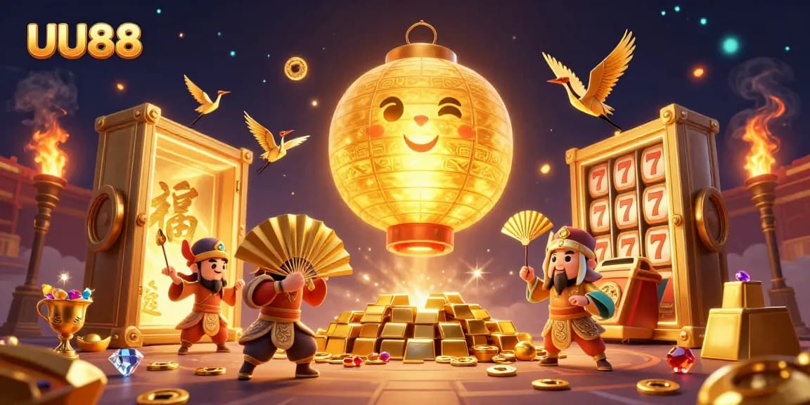 Engaging UU88 scene brings slot machine excitement to dynamic casino illustration.