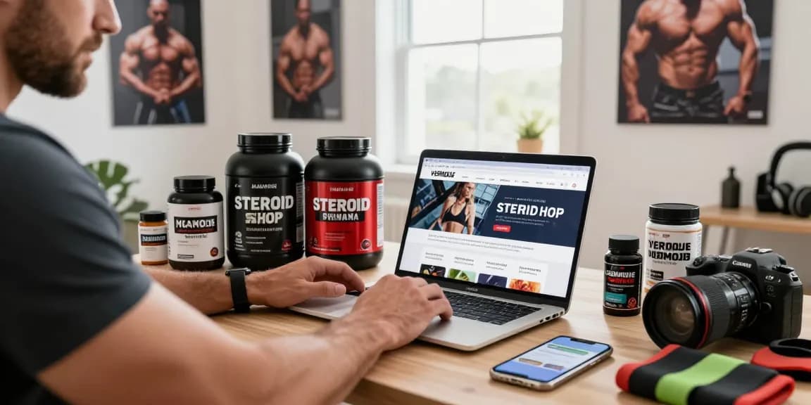 Steroid Shop online shopping scene with bodybuilder browsing anabolic steroids.