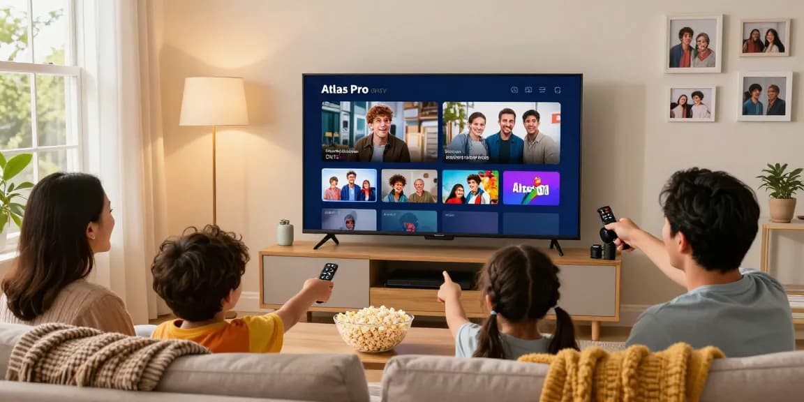 Family enjoying Atlas Pro ONTV on a Smart TV in a cozy living room.