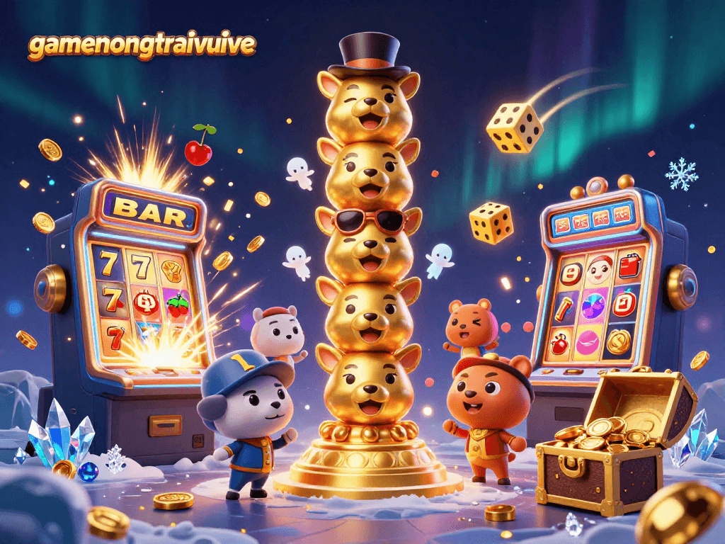 Engage with gamenongtraivuive in a vibrant 3D casino scene filled with animated characters and explosive jackpots.