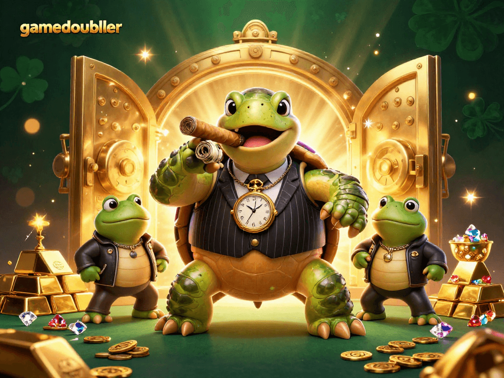 Engage with gamedoubler through this vibrant casino scene featuring a snapping turtle mobster and bullfrog enforcers.