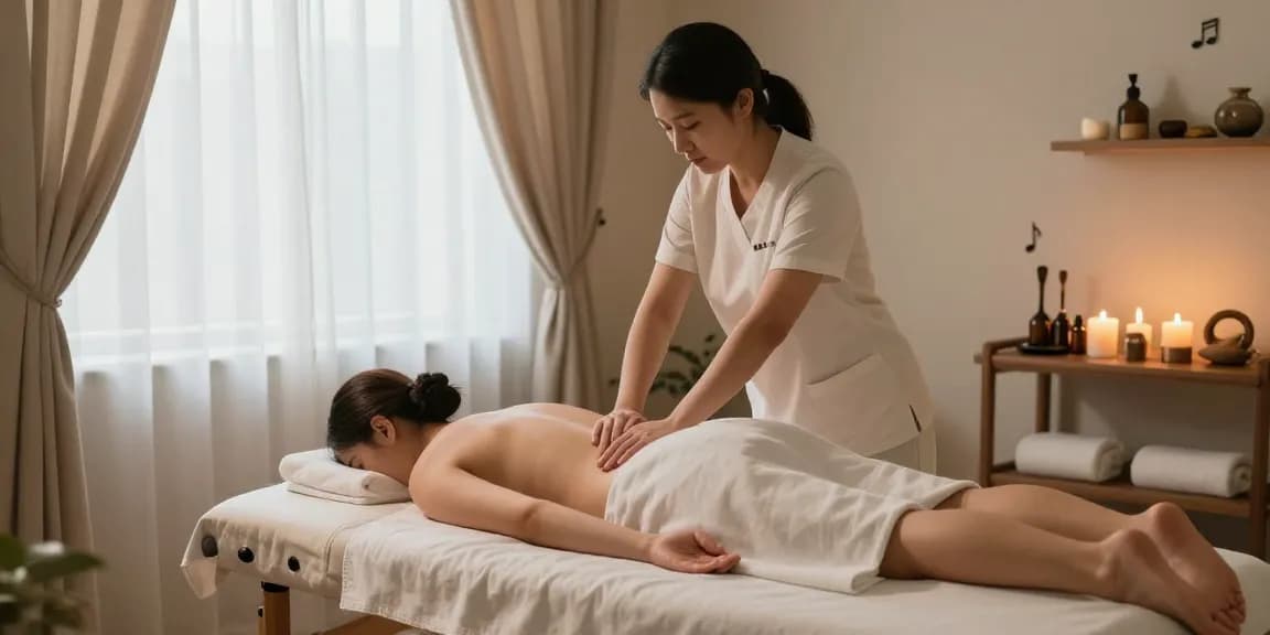 스웨디시 마사지를 받는 고객과 아로마 오일, 편안한 마사지 룸의 모습