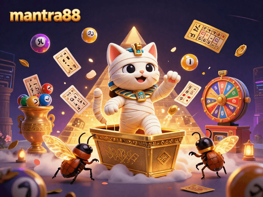 Engage with mantra88's vibrant casino experience featuring a mummy cat and dynamic lottery elements.