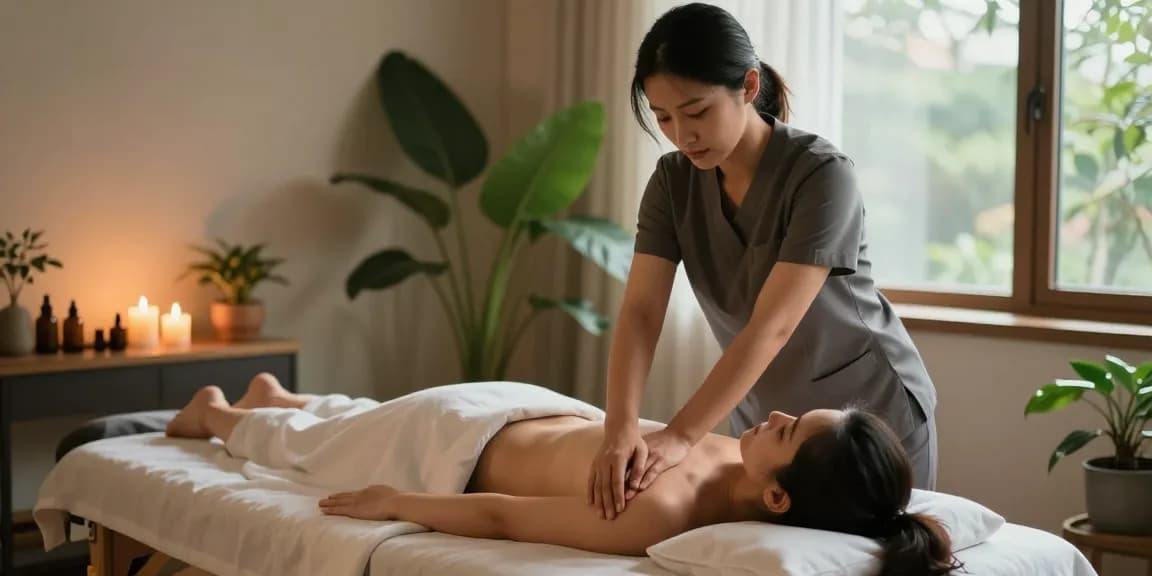 마사지를 받고 있는 고객과 집중하는 치료사, 편안한 스파 환경.