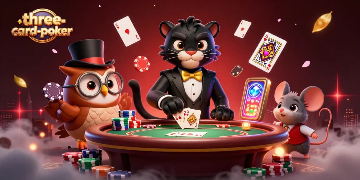 Experience three-card-poker with a stylish panther dealer and animated poker elements in 3D.