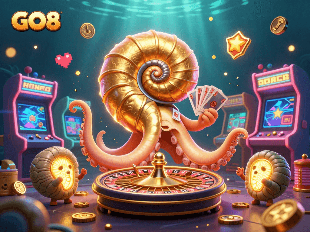 Experience GO8's vibrant gaming world with a giant nautilus as a roulette wheel amid glowing arcade elements.