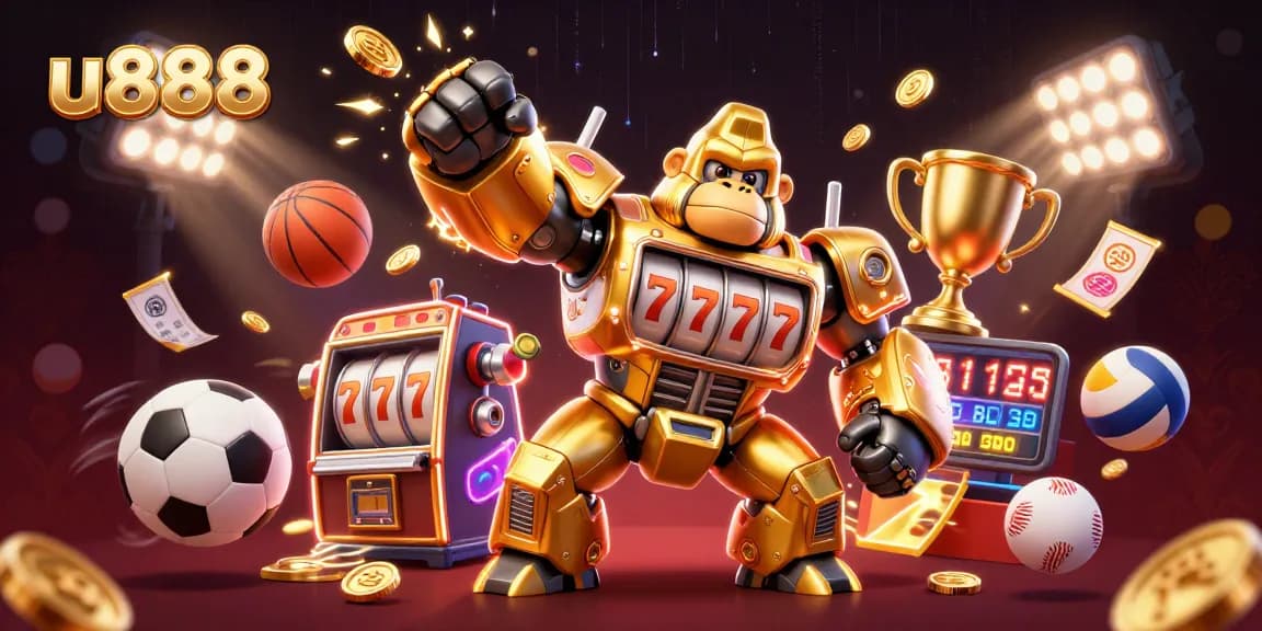 Engage in the excitement of u888 with a golden gorilla mech and sports elements celebrating gaming victories.