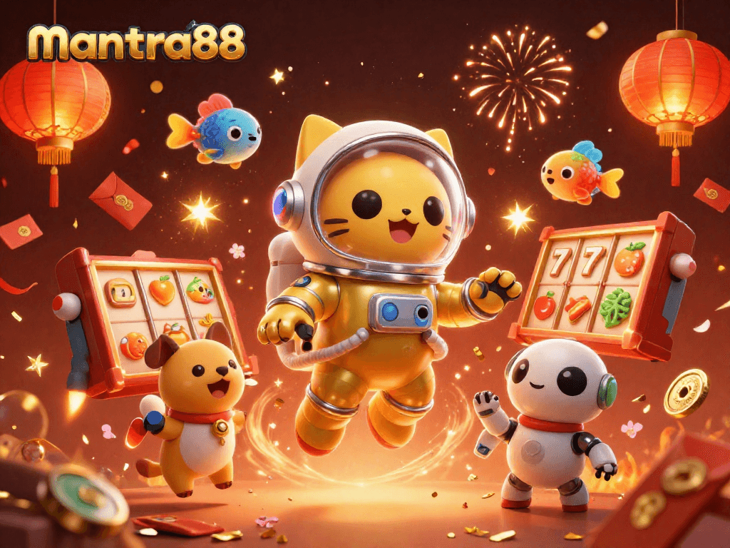 Experience mantra88's thrilling slot action with an astronaut cat and vibrant casino elements.