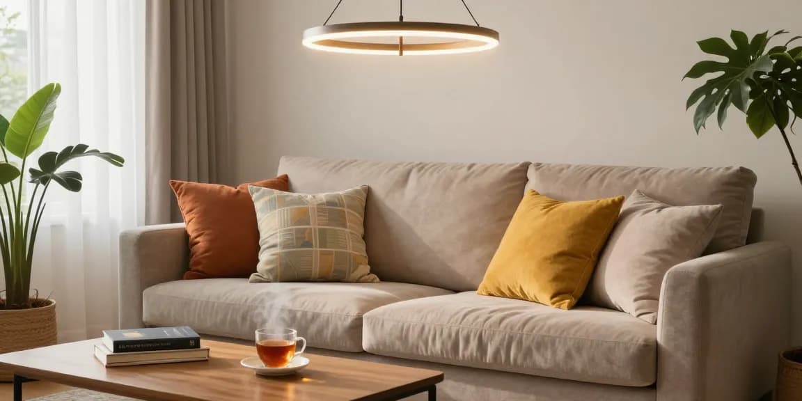Lustra living modernă suspendată în sufrageria elegantă, oferind un iluminat cald și decor contemporan.