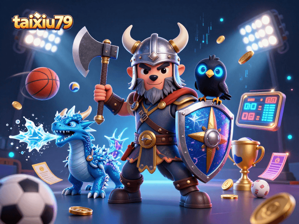 Experience thrilling taixiu79 gameplay with a Viking wolf, a fierce dragon, and a raven amidst dynamic casino elements.