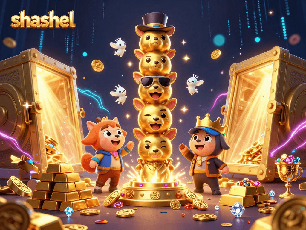 Engage with shashel's vibrant casino experience featuring a dynamic golden totem amidst treasures.
