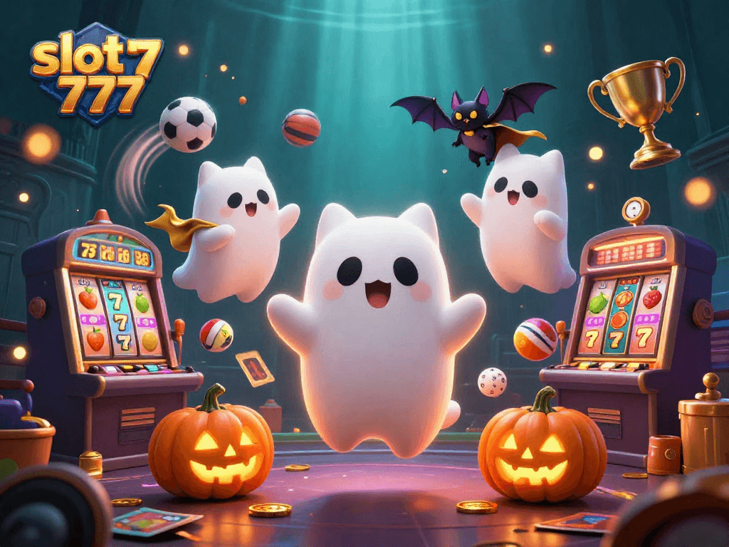 Win big with slot 777 as you spin through a haunted casino with ghostly characters.