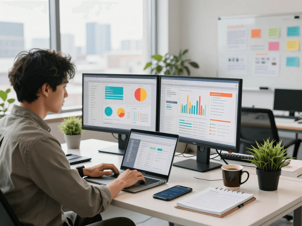 Dynamic digital marketing workspace highlighting mantra88 strategies with analytics and creative brainstorming.