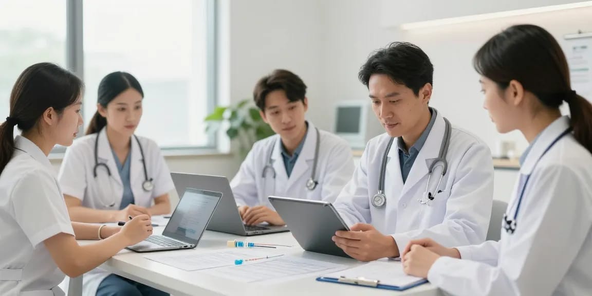 Vetted tesamorelin sources showcased in a modern healthcare team setting with medical professionals collaborating.