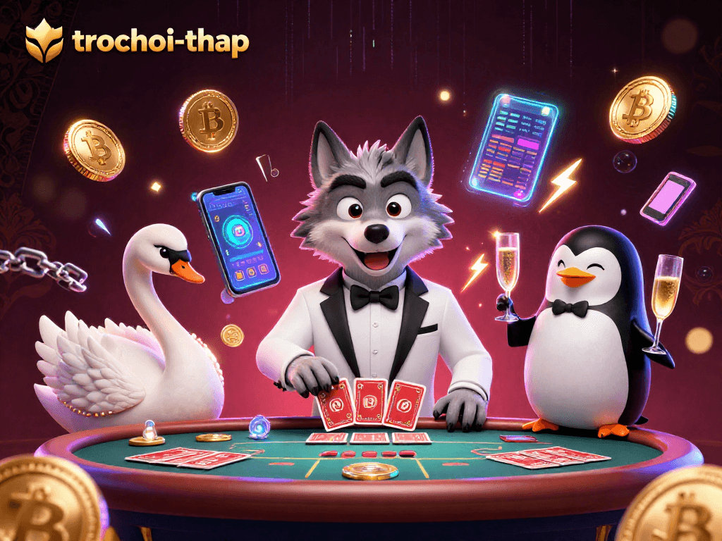 Engage in thrilling tower gameplay with trochoi-thap as cartoon characters enjoy baccarat amid digital energy.